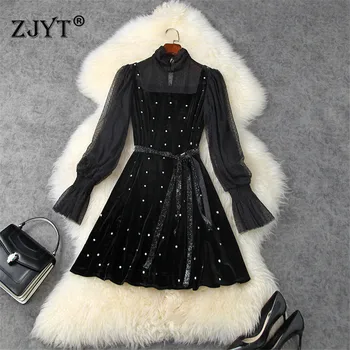 

2020 New Fashion Autumn Winter Flare Sleeve Mesh Patchwork Sexy Black Short Velvet Dress Womens Clothing Casual Vestidos