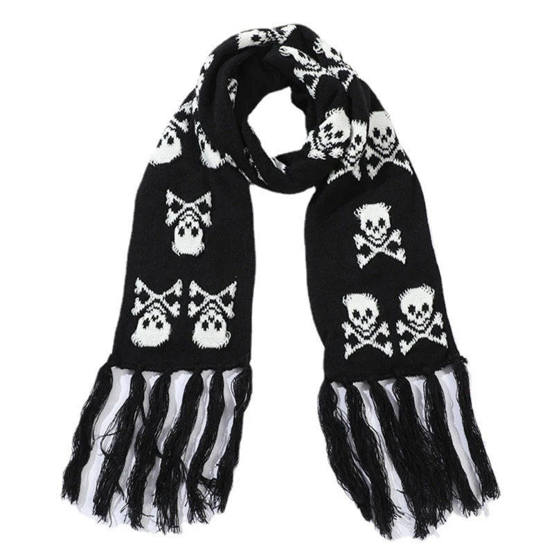 Men's Black and White Stylish Knitted Wool-Feel Long Fashion Scarf with Skull and Crossbones Design