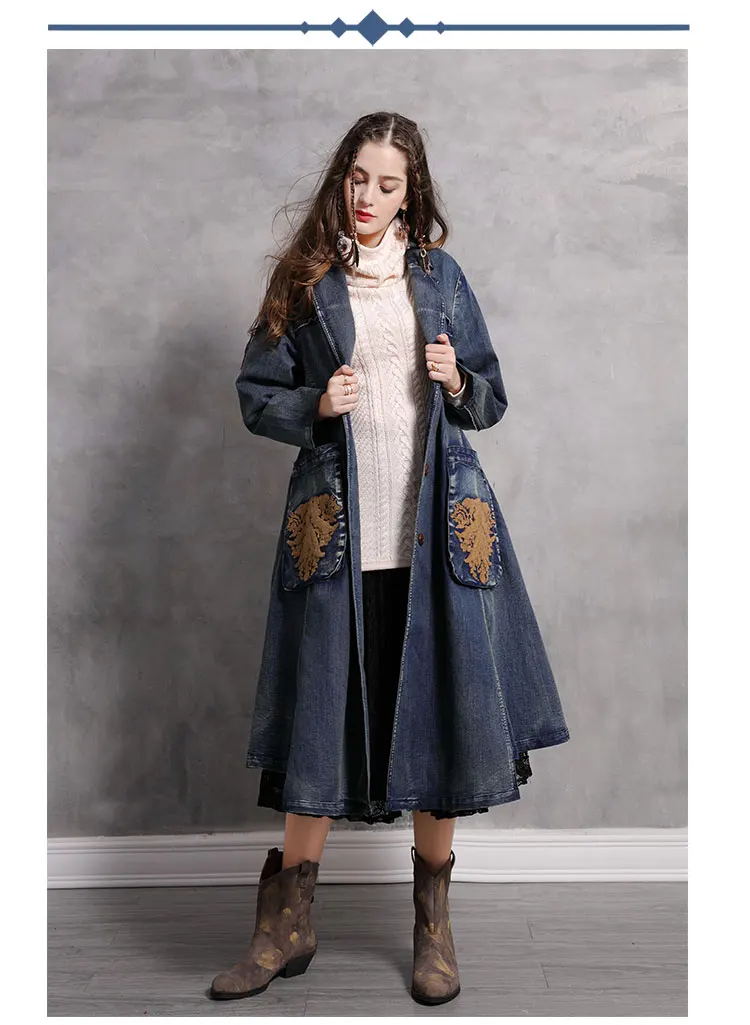 Женское пальто Yuzi. May-boho новые джинсовые тренчи для женщин с отложным воротником однобортный длинный синий Casaco Feminino B9287