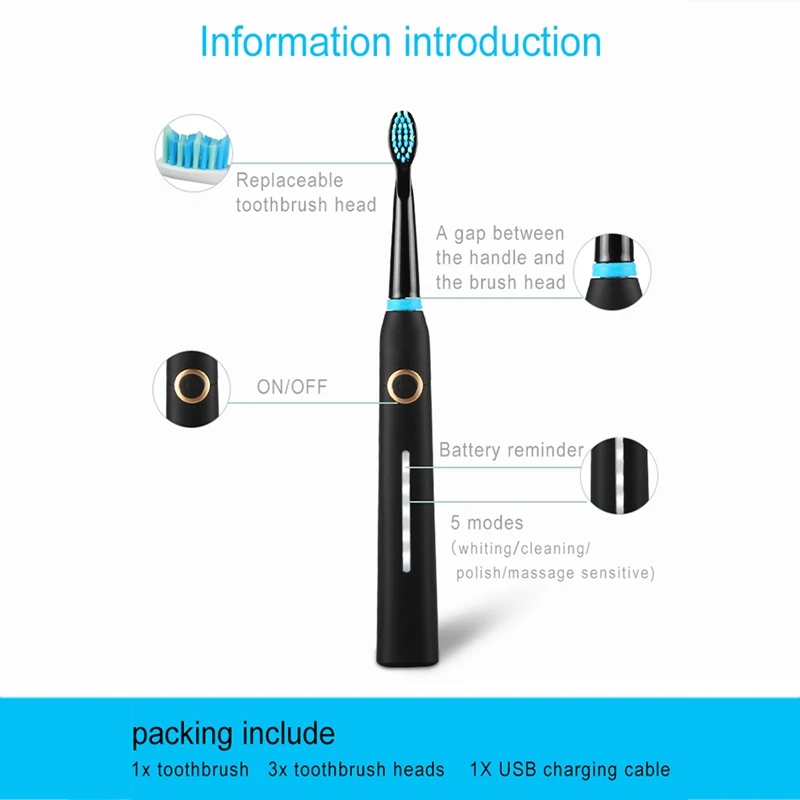 USB Charging Electric Toothbrush E7 ligent Timing Sonic Toothbrush Can Replace Toothbrush Head Waterproof Toothbrush Black USB Charging Electric Toothbrush E7 ligent Timing Sonic Toothbrush Can Replace Toothbrush Head Waterproof Toothbrush Black