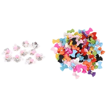 

110Pcs 3D Mix Rhinestone Glitter Slice Nail Art Tips/Decals/Stickers DIY Decorations, 100Pcs Bowknot & 10 Pcs Pink Rose