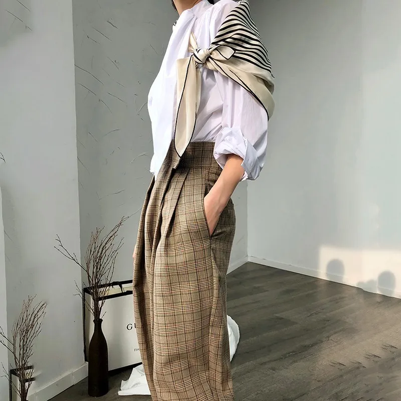 khaki CHICEVER корейские повседневные клетчатые женские штаны с высокой талией свободные с рюшами Большие женские брюки Осенняя модная одежда Новинка - Цвет: khaki