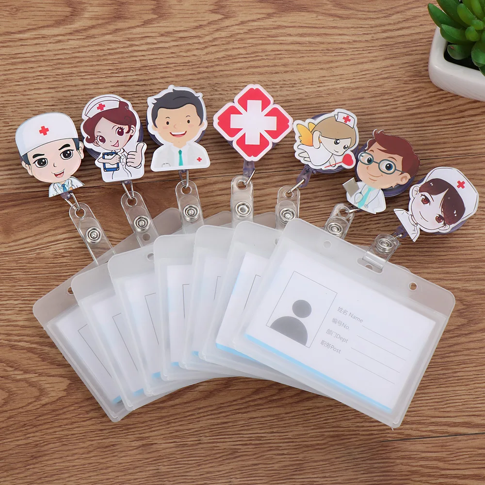 Funda para tarjeta de identificación con dibujo de enfermera y Doctor, accesorio retráctil con Clip de Metal, tarjeta de trabajo de negocios, etiquetas de nombres, suministros de oficina, 1 Juego