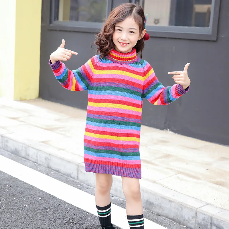 Teenage Kids Sweaters for Girls Clothes Winter Rainbow Striped Long Sleeve Girls Knitwear Girls Pullover Sweater 10 12 14 Year