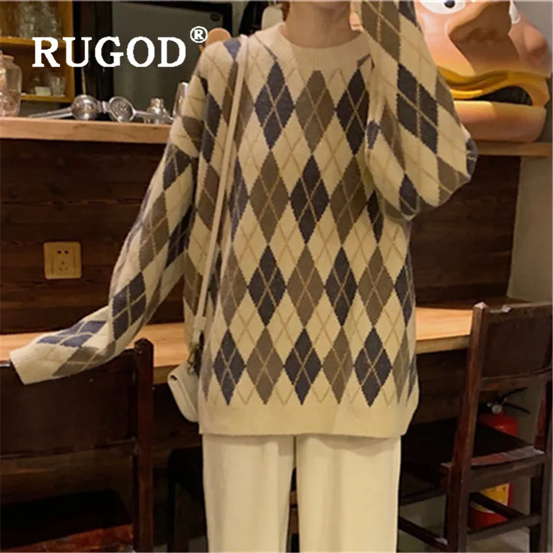RUGOD свитер с узором Diomand, винтажный пуловер, джемпер, зимние топы для женщин, о-образный вырез трикотаж, Свободный корейский стиль, женские свитера