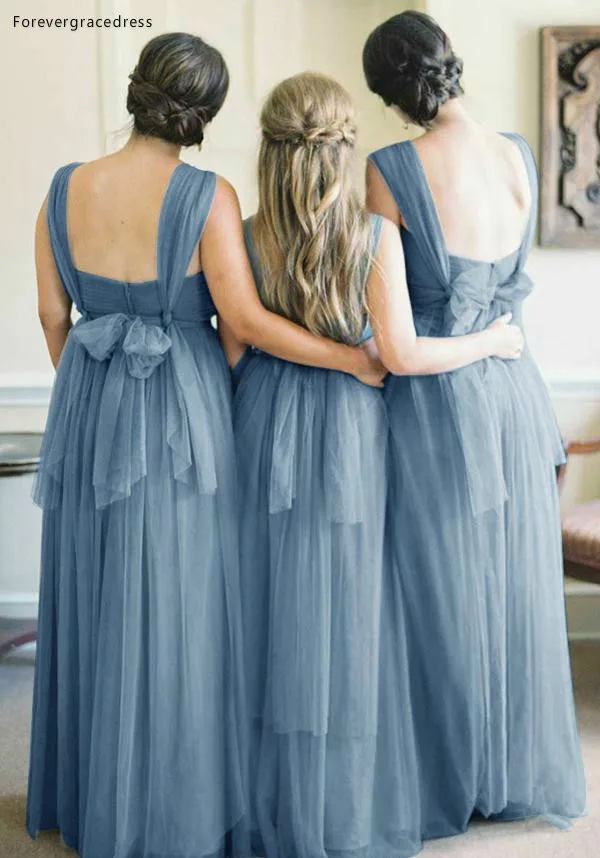 Light Blue Tulle Bridesmaid Dresses for Summer Garden Weddings 2018 Floor Length Maid of Honor Gowns with Sash A Line Square Neckline  89 (1)