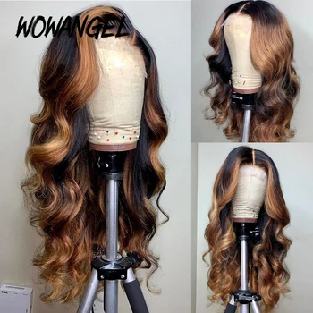 

WOWANGEL 13x4 180 Density Deep Part Lace Front Human Wigs Ombre Honey Blonde Brazilian Remy Wave With Pre-Plucked Bleached Knots