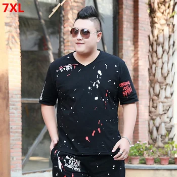 

Summer tide men's large size loose youth trend plus size XL short-sleeved V-neck printed T-shirt large 7XL 6XL