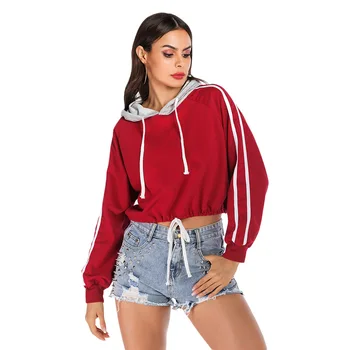 

Harajuku Crop Loose Hoodie Girls Hooded Top Women'S Sweatshirt Long Sleeve Fall Athletics Coat Drawstring Stripe Sports Overcoat