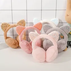 Winter Autumn Faux Fur Earmuff Ladies Cute Cat Sequined Ear Earflap Plush Warm Earmuff For Girls Women Hairbands Shiny Ear Muffs