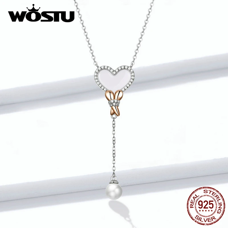 WOSTU реальные 925 пробы серебро пропуск сердце Цепочки и ожерелья с висящие каплевидные жемчужные длинные звено цепи для Для женщин свадебные 925 ювелирные изделия CTN154