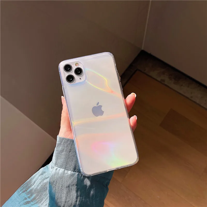 Funda de teléfono transparente Aurora para iphone, carcasa de acrílico con diseño de arcoíris láser, a la moda, para modelos 12, 11 Pro max, 7, 8 plus, X, XR, XS Max, SE, 2020