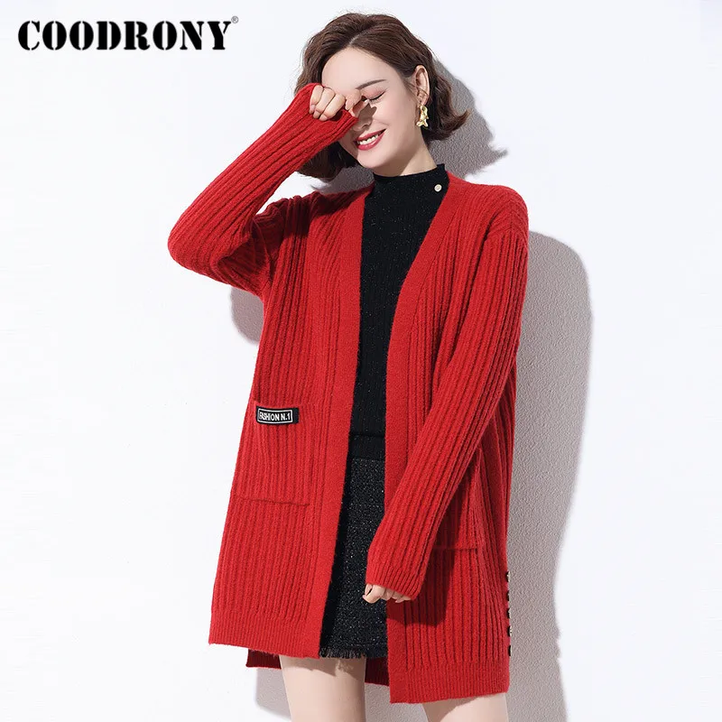 COODRONY Brand 2020 Autumn Winter Women Pure Color Long Cardigans Elegant Style Warm Slim Pockets Sweaters Female W1093