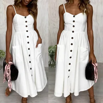 

2019 Summer Hot Selling European And American-Style Large with Pockets Single-Breasted Solid Color Strap Dress