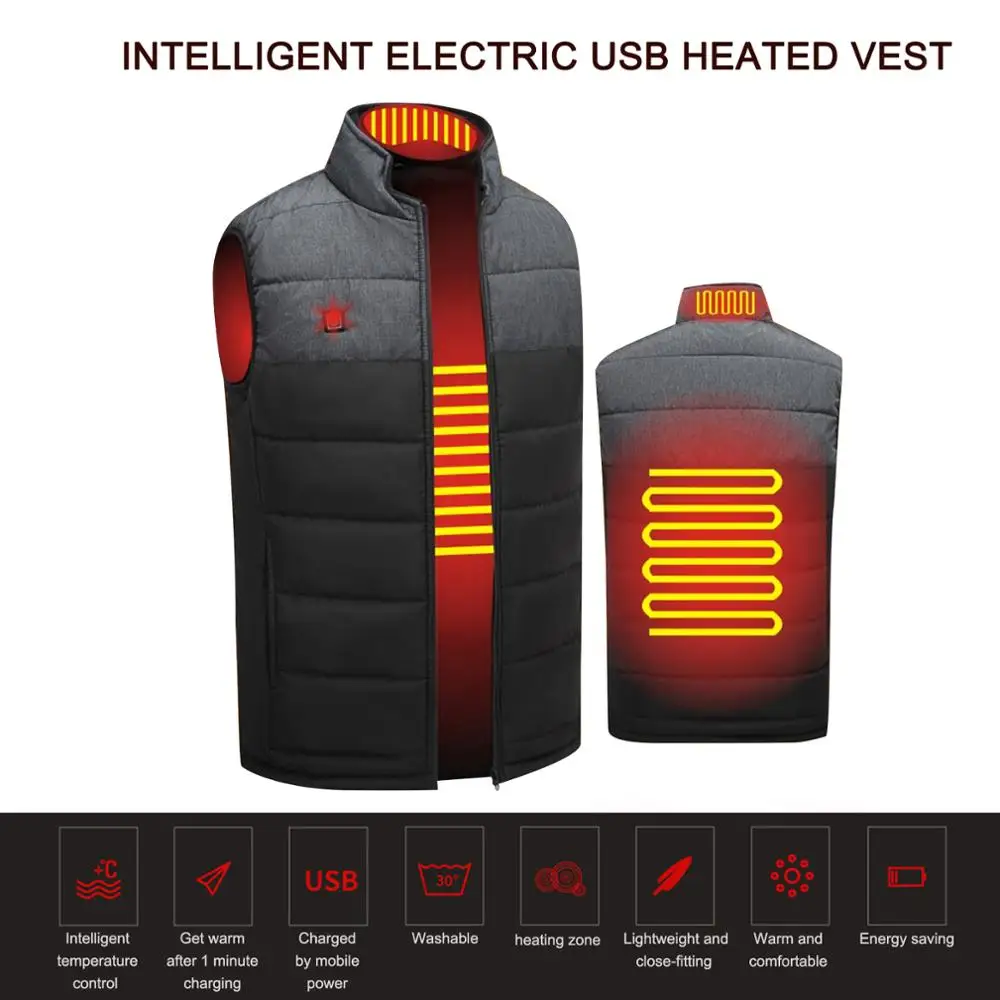 USB Electric Heated Warm Vest Men Women Thermal Jacket Rechargeable Heating Coat 