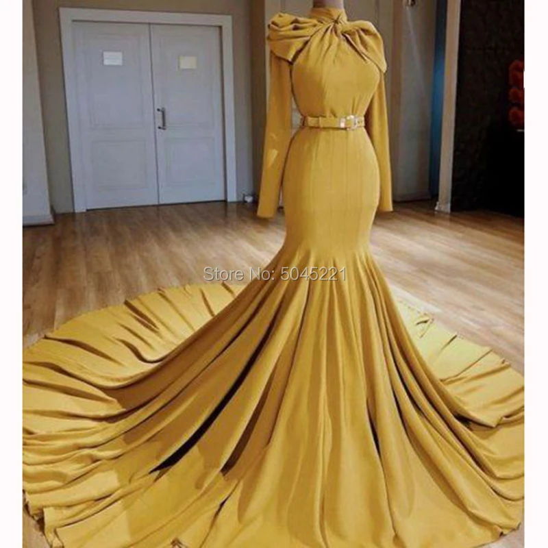 Желтое пышное платье для выпускного вечера с длинным шлейфом, Vestido, вечерние платья, мусульманские Вечерние платья в Африканском Дубае, Саудовская Аравия