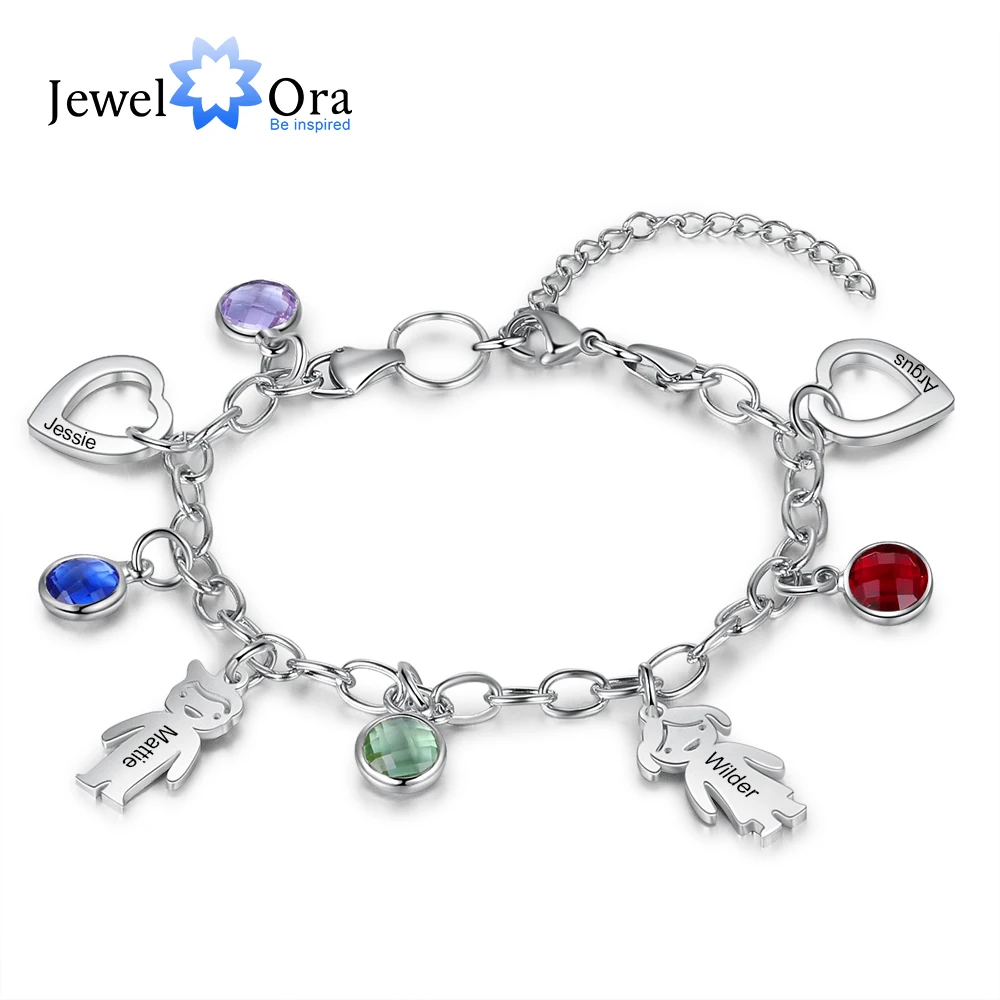 JewelOra Personalized Engraved Name Boy Girl Heart Charm Bracelets for Women Custom 4 Birthstone Stainless Steel Chain Bracelet