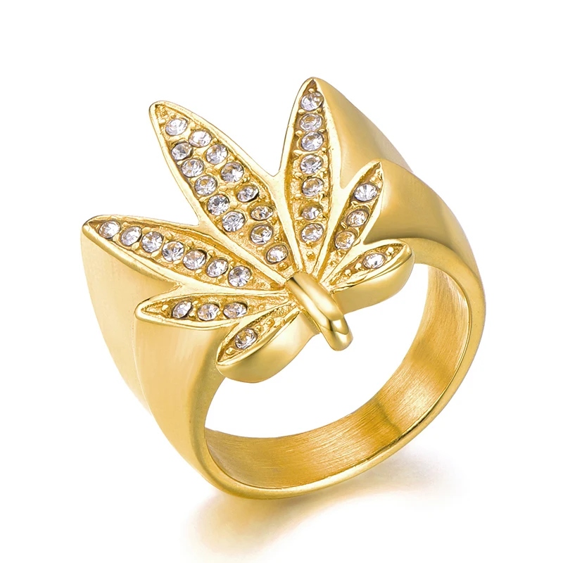 US7 Bling Iced Out клена форма кольца для мужчин женщин нержавеющая сталь микро проложить кольцо хип хоп ювелирные изделия - Цвет основного камня: Gold