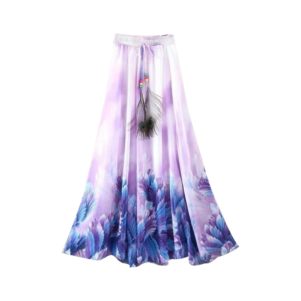Модные летние пляжные женские юбки Boho, шифоновые, с цветочным принтом, с перьями, на завязках, с эластичной резинкой на талии, вечерние, макси, длинная юбка для женщин