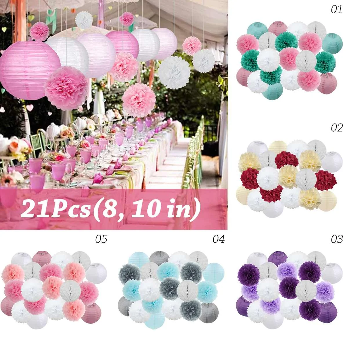 

21Pcs/Set Paper Flower Balls Poms Paper Honeycomb Balls Paper Lanterns Birthday Party Wedding Birthday Home Decoration