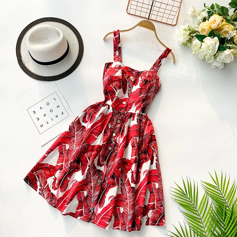 Boho, винтажное летнее Короткое мини платье с цветочным принтом на тонких бретелях, вечерние платья в горошек, повседневные женские пляжные ретро платья для отдыха