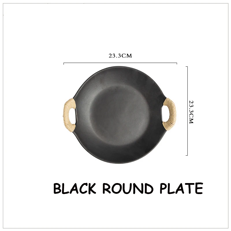 Black round plate Керамическая тарелка, набор керамических тарелок, столовые приборы, столовый поднос, Терракотовая тарелка с двойными ушами, коммерческая старинный поднос, столовая посуда, 1 шт - Цвет: Black round plate