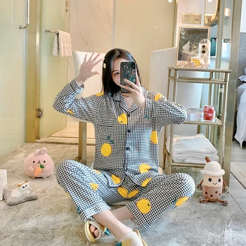 

Autumn Winter Long Sleeve Women Pajamas Set Lapel Cartoon Orange Print Female Pyjamas Set Cardigan Home Sleep Wear 2 Piece Suit