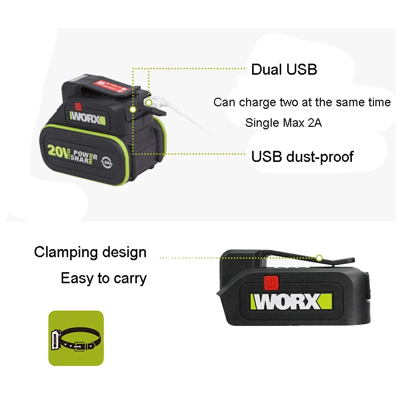 WORX WU020 USB 충전기 뱅크 커넥터, WU388,WU380,WU629,WU179,WU189,WU185 와 같은 그린 툴 배터리, 20V, 무료 배송