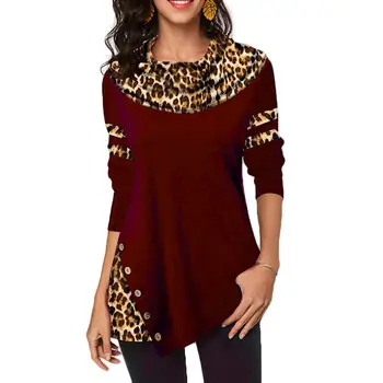 

Women Leopard Print Heap Collar Long Sleeve Irregular Blouse Leopard Print Design Asymmetrical Hem Women Heap Collar Blouse