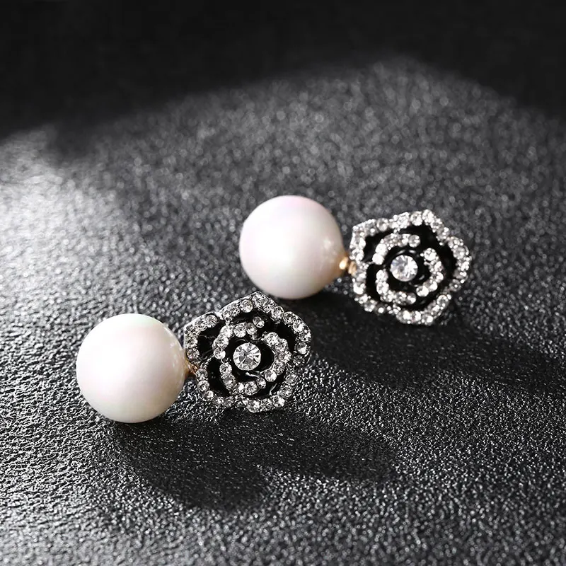 Flower Shining Cubic Flower Crystal Drop Pearl Pendant Tassel Earrings For Women Wedding Party Jewelry