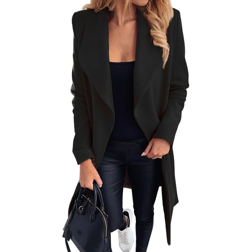 Осенне-зимнее однотонное Женское пальто больших размеров 3XL, уличная одежда, Бандажное шерстяное пальто с длинным рукавом, Женская Повседневная тонкая плотная куртка, верхняя одежда - Цвет: black
