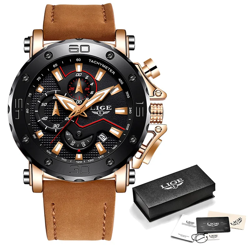 Мужские часы LIGE, роскошные брендовые Мужские Аналоговые кожаные спортивные часы, мужские армейские военные часы, мужские кварцевые часы с датой - Цвет: Rose gold black