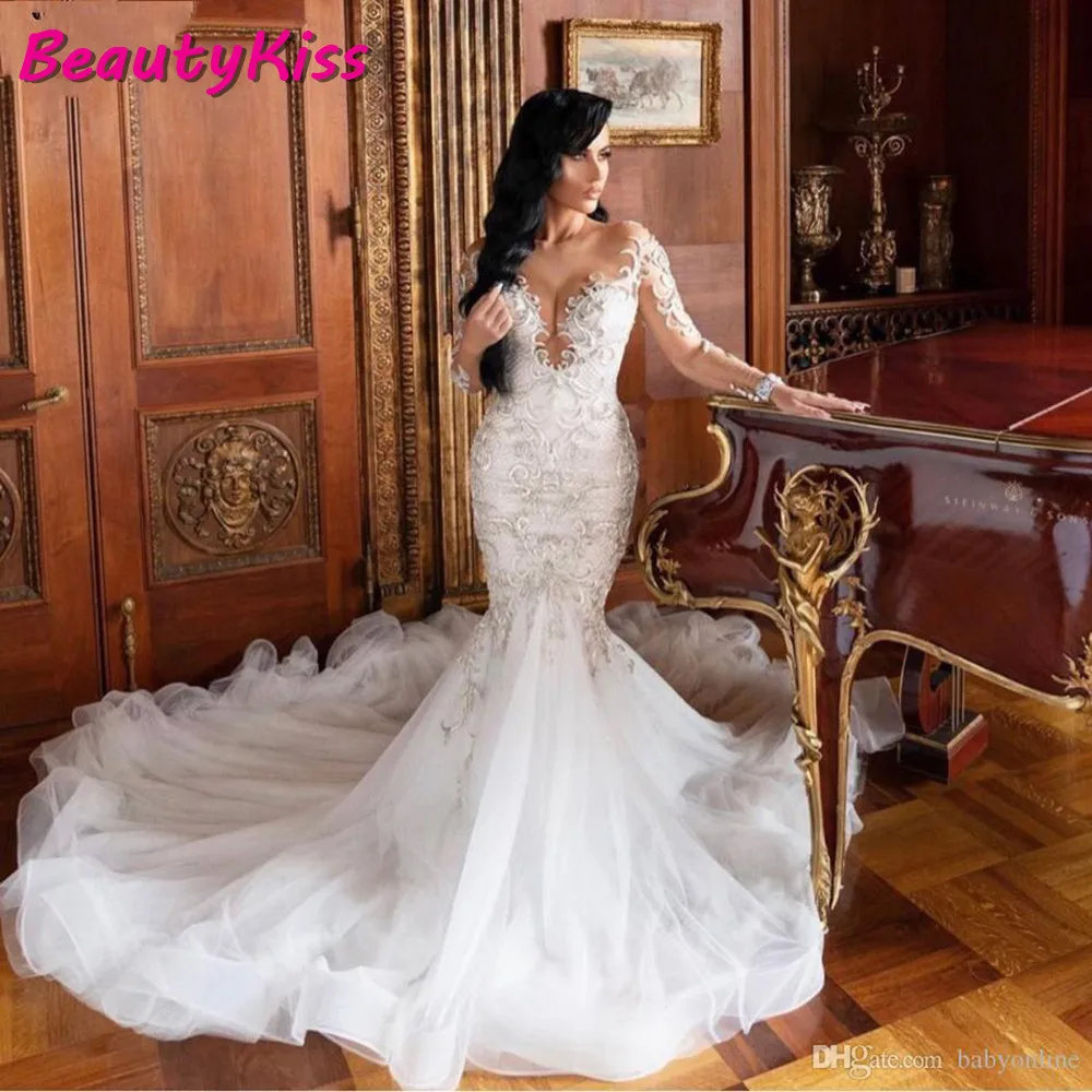 

Modern Lace Mermaid Wedding Dresses Illusion Long Sleeves Vestido De Noiva Slim Sexy Appliques Formal Bridal Gowns Plus Size