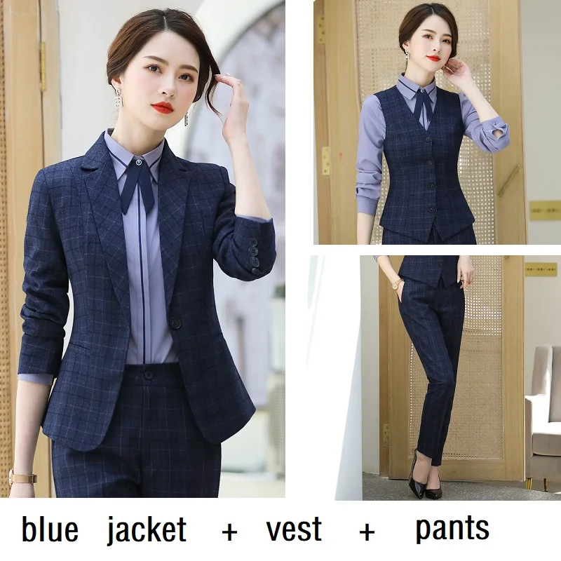 blue pants set Женские костюмы, облегающие осенне-зимние клетчатые блейзеры, куртки и штаны, комплект из 2 предметов, Деловые женские брючные костюмы, женские комплекты, костюмы 8903 - Цвет: blue pants set