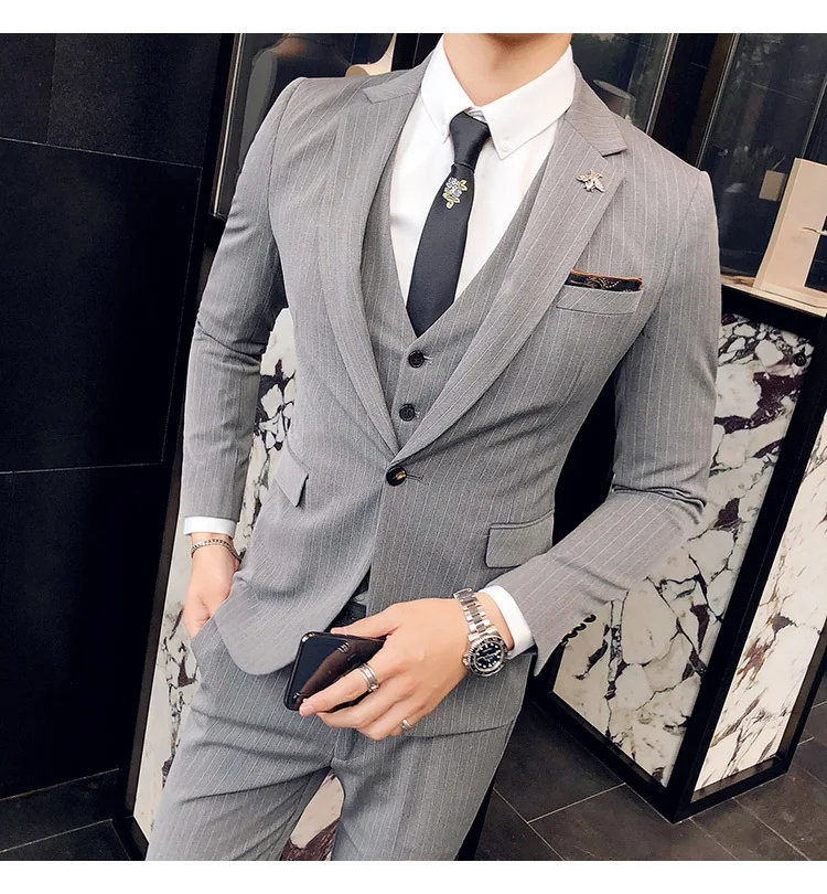 New Men's British Style Gentleman Suit Three-piece Groom With The Scorpion Host Stripe Korean Version Of The Suit