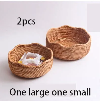 Manual Rattan Tray Round Bread Storage Basket Fruit Snack Teacup Storage Trays Handmade Basket Decorative Tray Storage Organizer - Color: 8