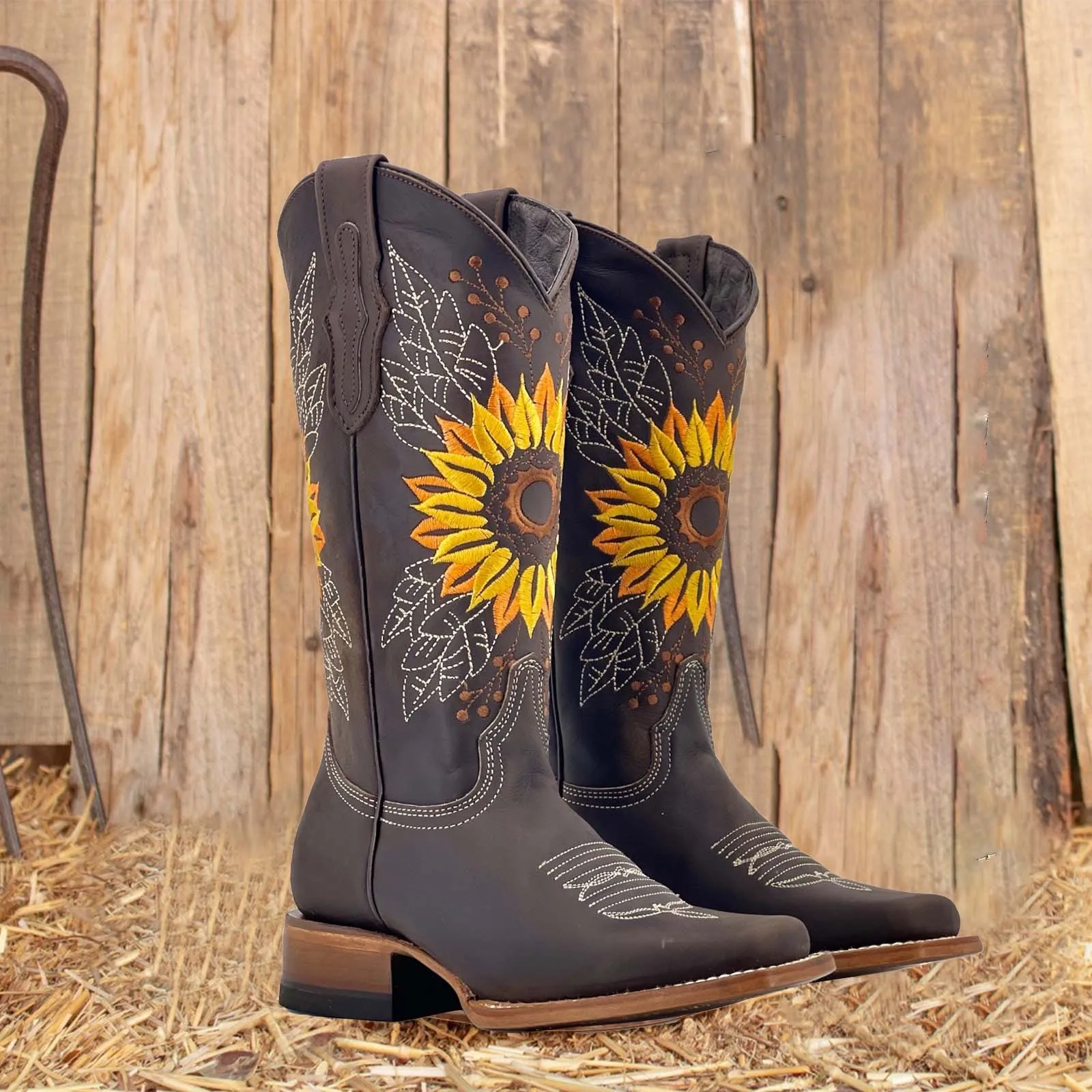Botas con bordado de girasol para mujer, zapatos de media caña,  impermeables, con punta puntiaguda, estilo occidental, para otoño e  invierno, 2022|Botas hasta la rodilla| - AliExpress