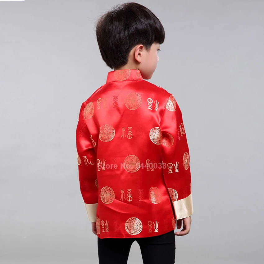 Chinese New Year Jacket Dragon Print Boys Traditional Vintage Tang Suit Kids Satin Kungfu Shirt Full Sleeve Hanfu Clothing