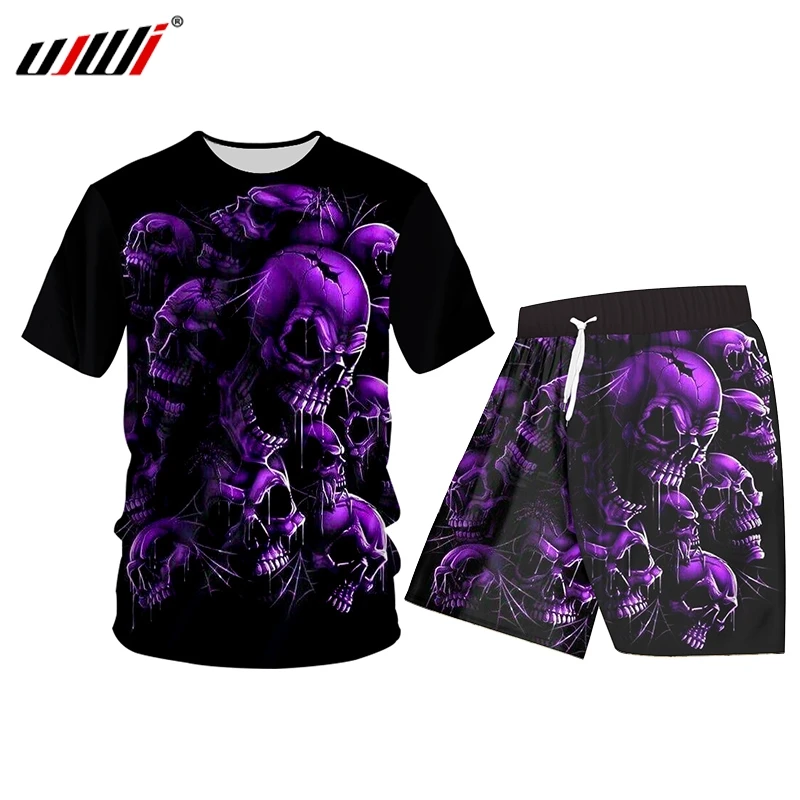UJWI Summer 2 Piece Set Purple Skull Terror Short Sleeve Print Tank Tops Shorts Mens Sets Gym Sleeveless Hoodie Tee Set S-6XL