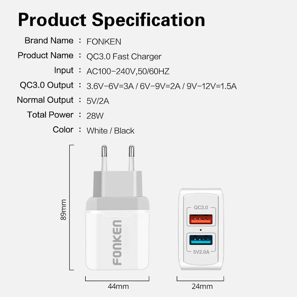 FONKEN Quick Charge 3,0 2 порта 28 Вт QC3.0 двойной USB зарядное устройство портативный дорожный настенный адаптер для Xiaomi samsung зарядное устройство для мобильного телефона