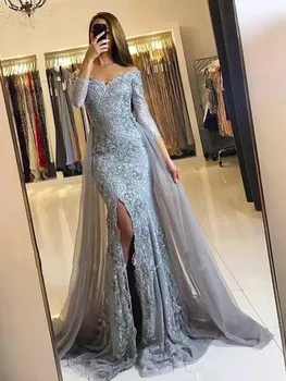 

2020 Hot Sale Trumpet/Mermaid Long Sleeves Evening Dress Off-the-Shoulder Floor-length High Split Front Sweep/Brush Train Tulle