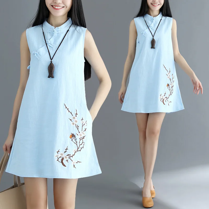 

2019 Summer New Style Women's Ethnic-Style Literature And Art Cotton Linen Loose Sleeveless Frog Embroidered Improved Cheongsam