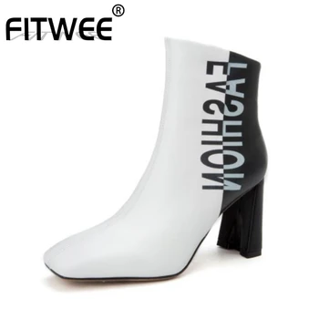 

FITWEE Real Leather Ankle Boots For Women Fashion Print Autumn Winter High Heels Shoes Women Square Toe Footwear Size 34-40