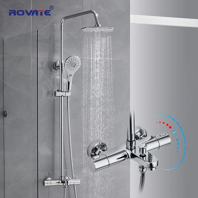 ROVATE Thermostatic Shower Systems with Rain Shower and Adjustable Handheld Shower Bathroom Set Fixtures