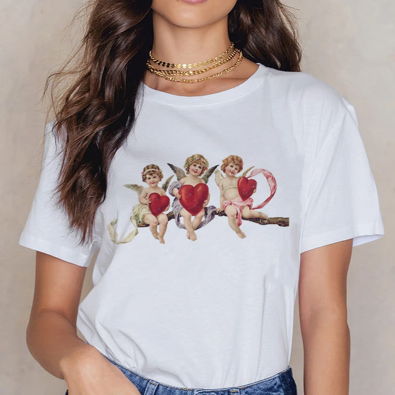 Angel 90s модная женская футболка с принтом Kawaii, футболка с коротким рукавом и круглым вырезом, винтажная Vogue Ullzang, Футболка Harajuku, женские футболки - Цвет: white
