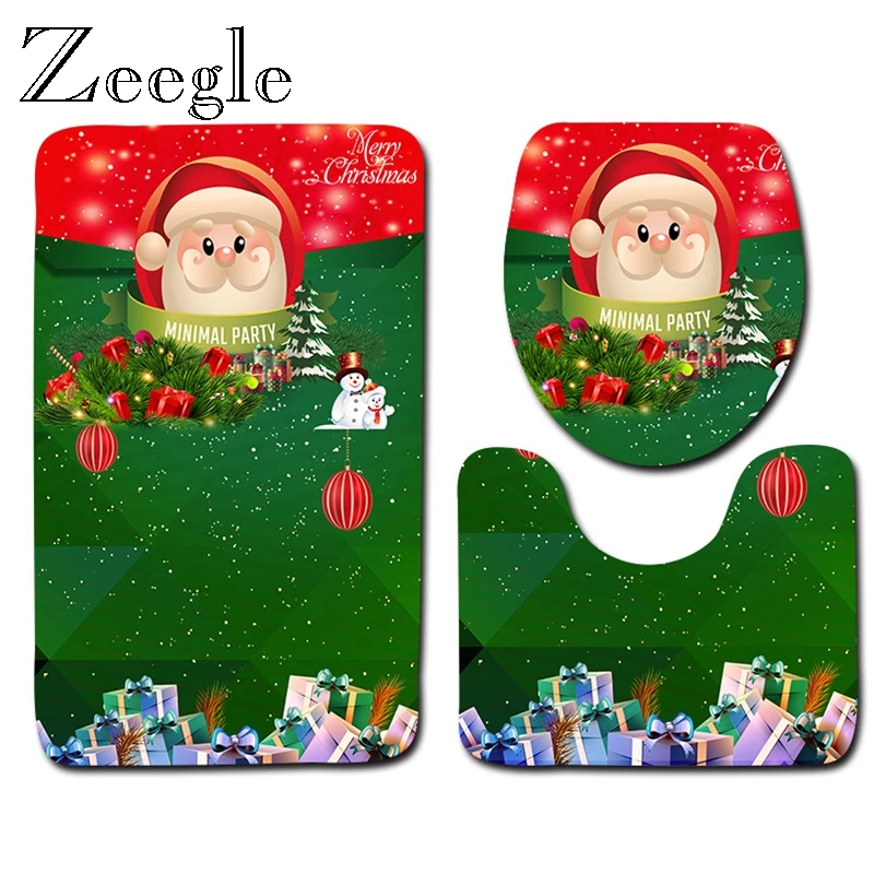 Zeegle Merry Christmas Bathmat Set Printed 3pcs Bath Set Lid Toilet Cover Anti-slip Bathroom Floor Mat Water Absorption Foot Rug