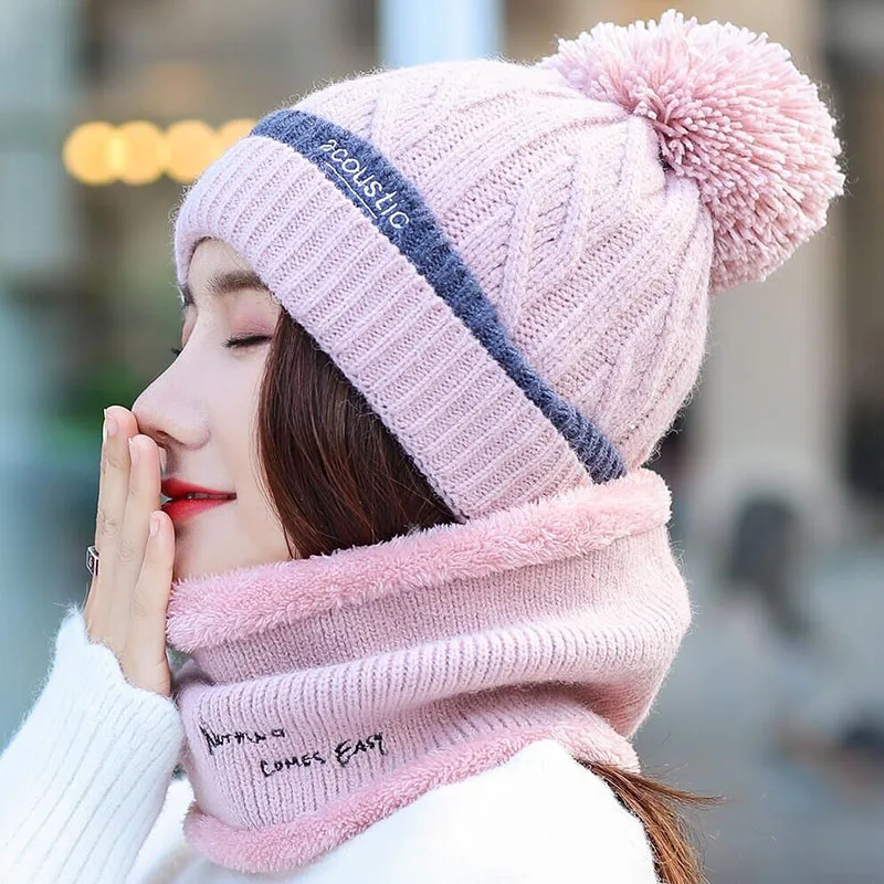 Зимняя женская шапка шапки вязаный шерстяной Теплый шарф толстый ветронепроницаемый подшлемник Мульти Функциональная шапка шарф Набор для женщин - Цвет: Hat scarf pink