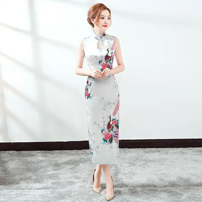 Cheongsam Long Fund улучшит код Go отличное платье Чонсам Танцевальный Костюм танцевальная юбка для выступлений - Цвет: White Peacock Flower