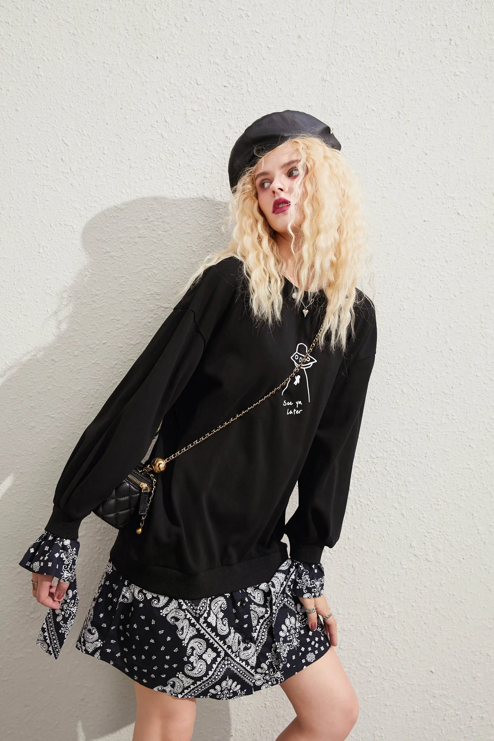 ELFSACK Black Graphic Print Casual Mini Dress Women,2020 Autumn ELF Vintage Full Sleeve Patchwork ,Korean Ladies Daily Dresses