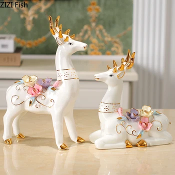

3 Pcs/set Ceramic Deer Floral Pattern Golden Antlers Statue Decorative Plates Modern Home Decor Desktop Decoration Crafts